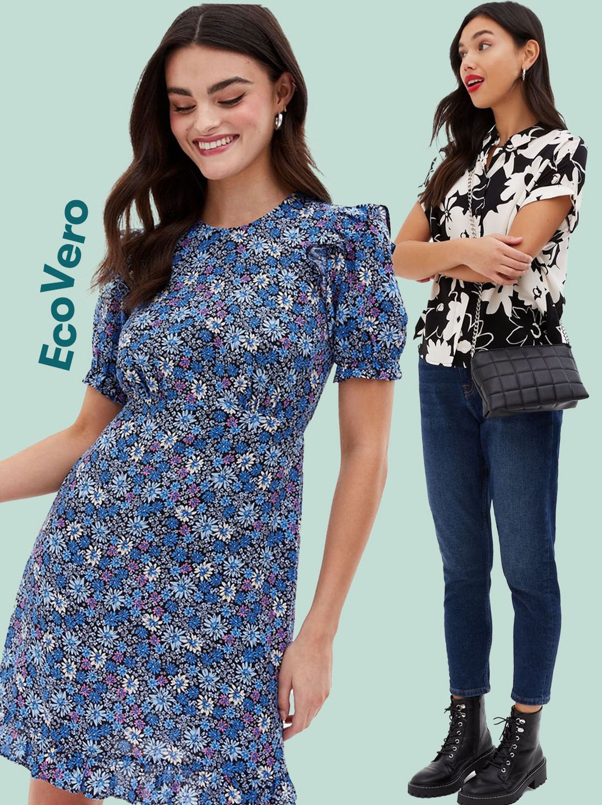 Woman wearing a black floral short sleeve shirt  Woman wearing a blue ditsy floral frill sleeve mini dress  Woman wearing a black ditsy floral v neck midi dress