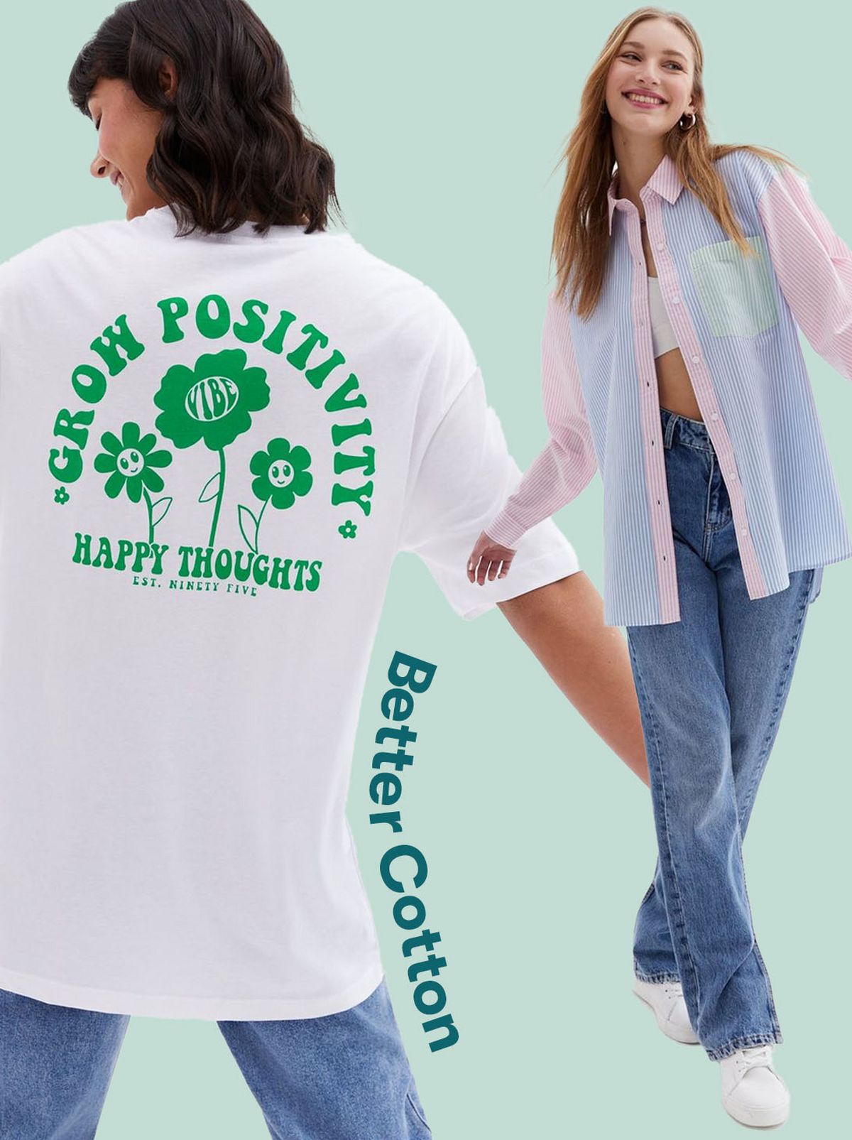 Woman wearing a blue mixed stripe long sleeve shirt  Woman wearing a white grow positivity logo t shirt  Woman wearing a black floral jersey frill mini smock dress