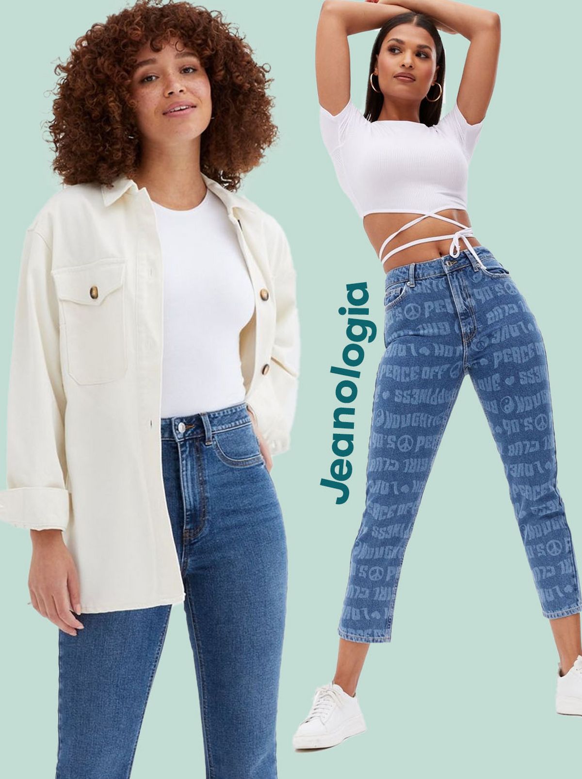 Woman wearing blue ripped high waist skinny jeans  Woman wearing blue happiness logo high waist mom jeans  Woman wearing blue quinn bootcut jeans