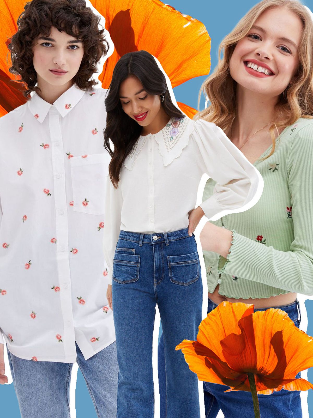Woman wearing a white floral collar puff sleeve shirt