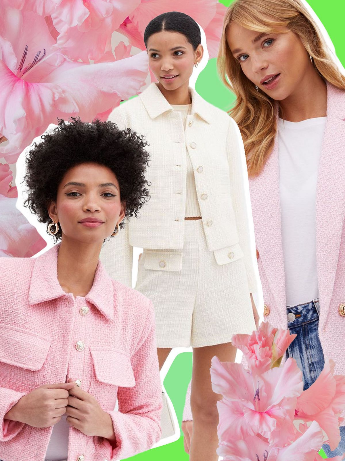  Woman wearing a pink check boucle crop blazer
