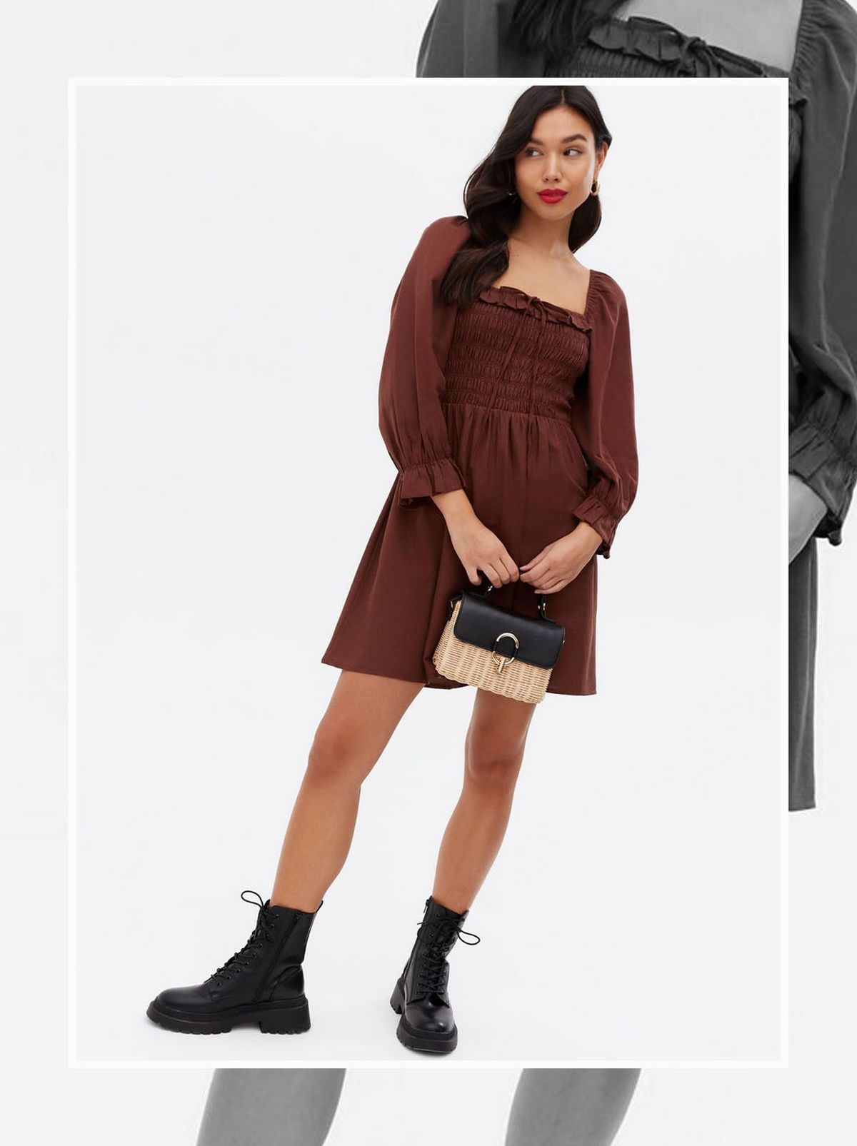 Woman wearing a dark brown shirred frill square neck mini dress 