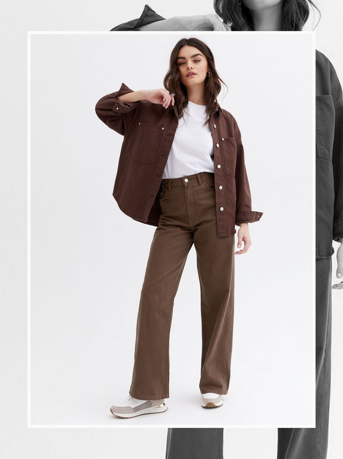 Woman wearing a dark brown high waist wide leg jeans