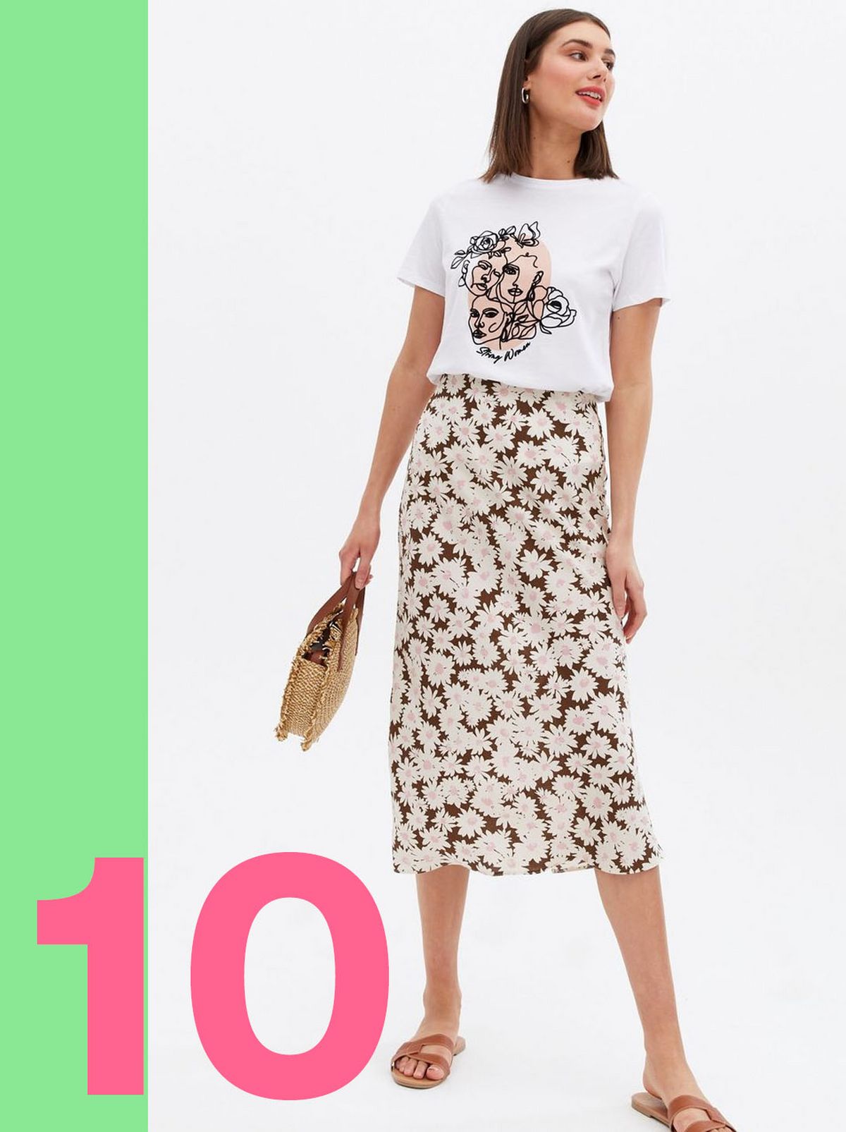 Woman wearing a brown daisy bias cut midi skirt
