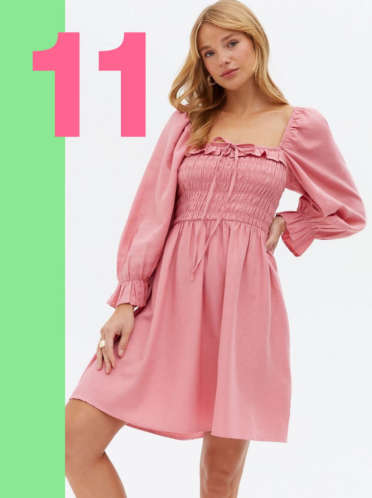 Woman wearing a pink shirred frill square neck mini dress