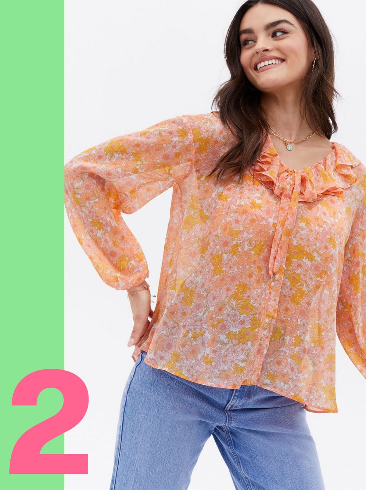 Woman wearing an orange chiffon frill blouse