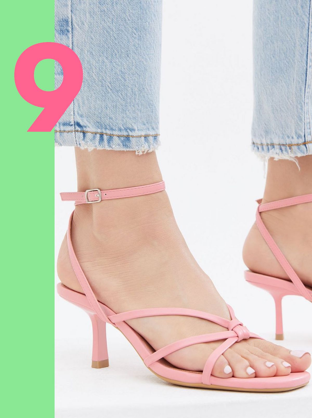 Woman wearing pink strappy square toe stiletto heels sandals