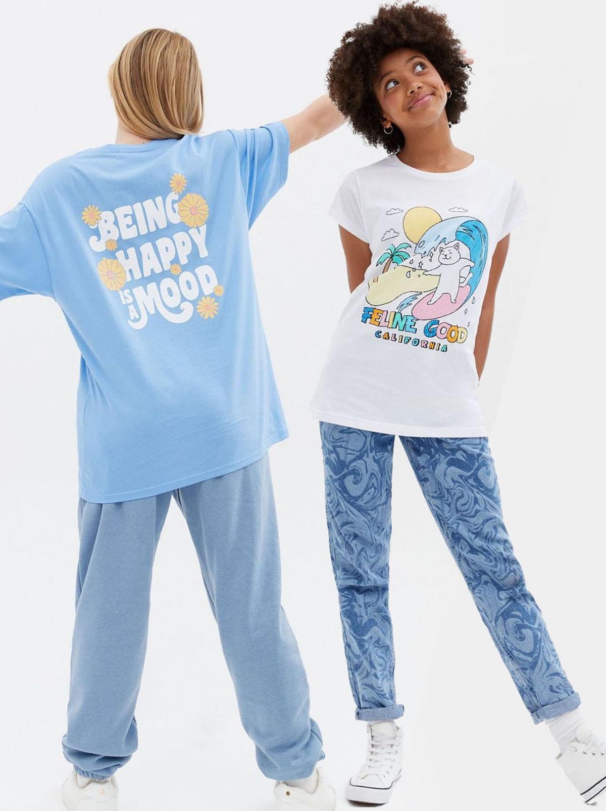 Girl wearing a white cat feline logo t shirt, Girl wearing a blue being happy is a mood logo