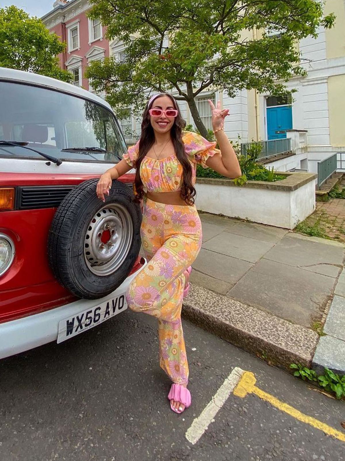 @shanicespeaches wearing an Anne-Marie floral co-ord set