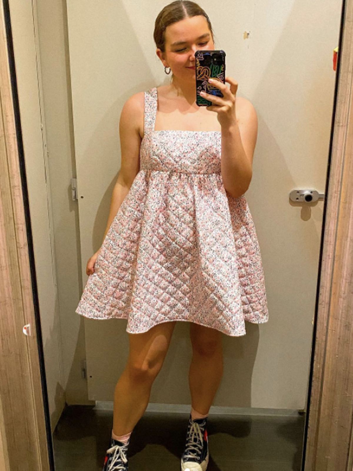 @emilygetsdressed wearing an Anne-Marie pink quilted dress