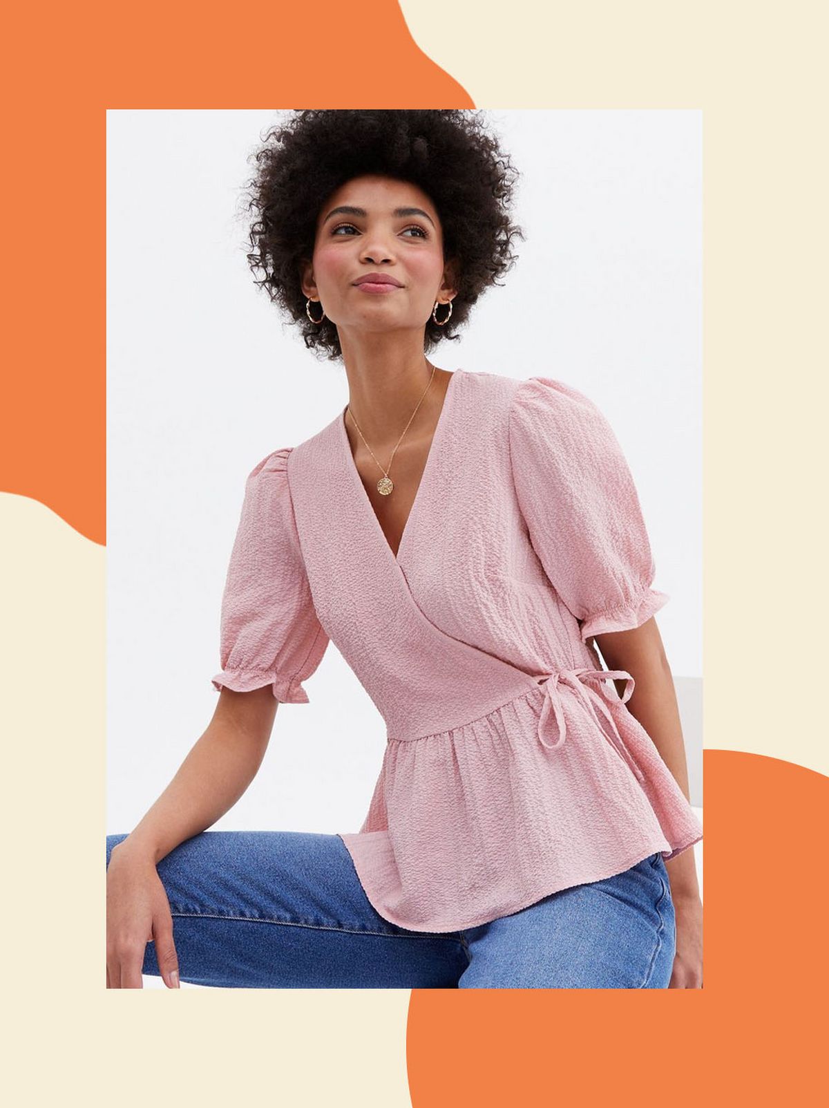 Woman wearing a pink neck peplum wrap blouse