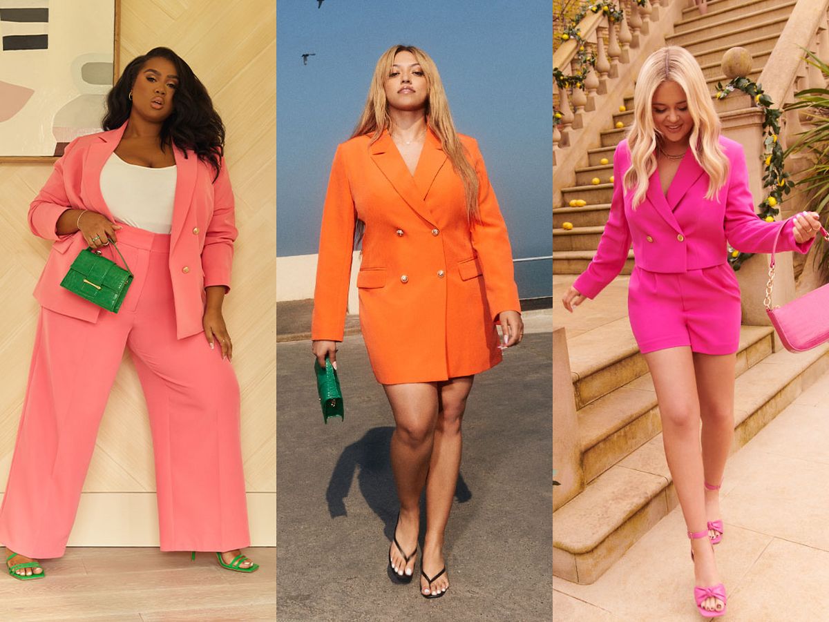 A collage of women styling colourful blazers in various places