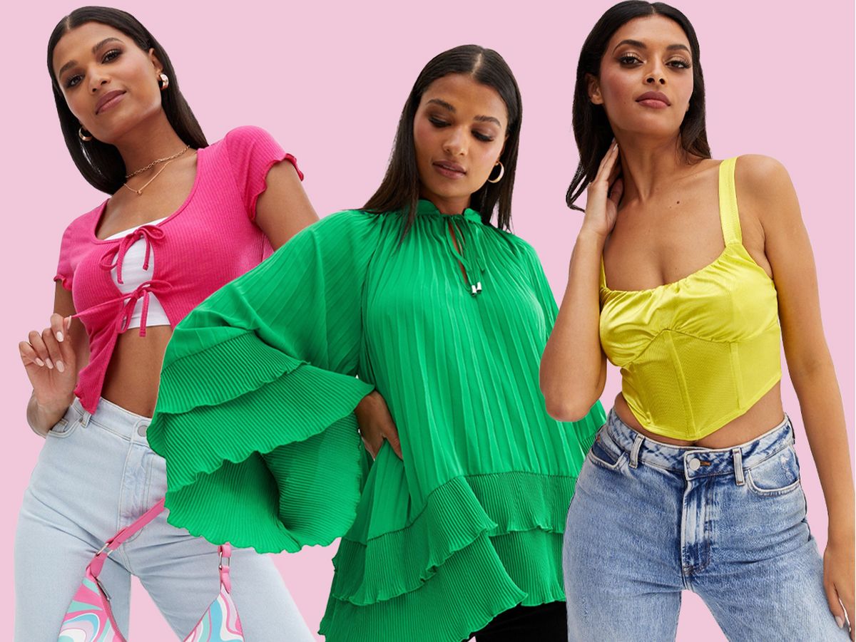 A collage of women posing In front of white backgrounds wearing different summer tops