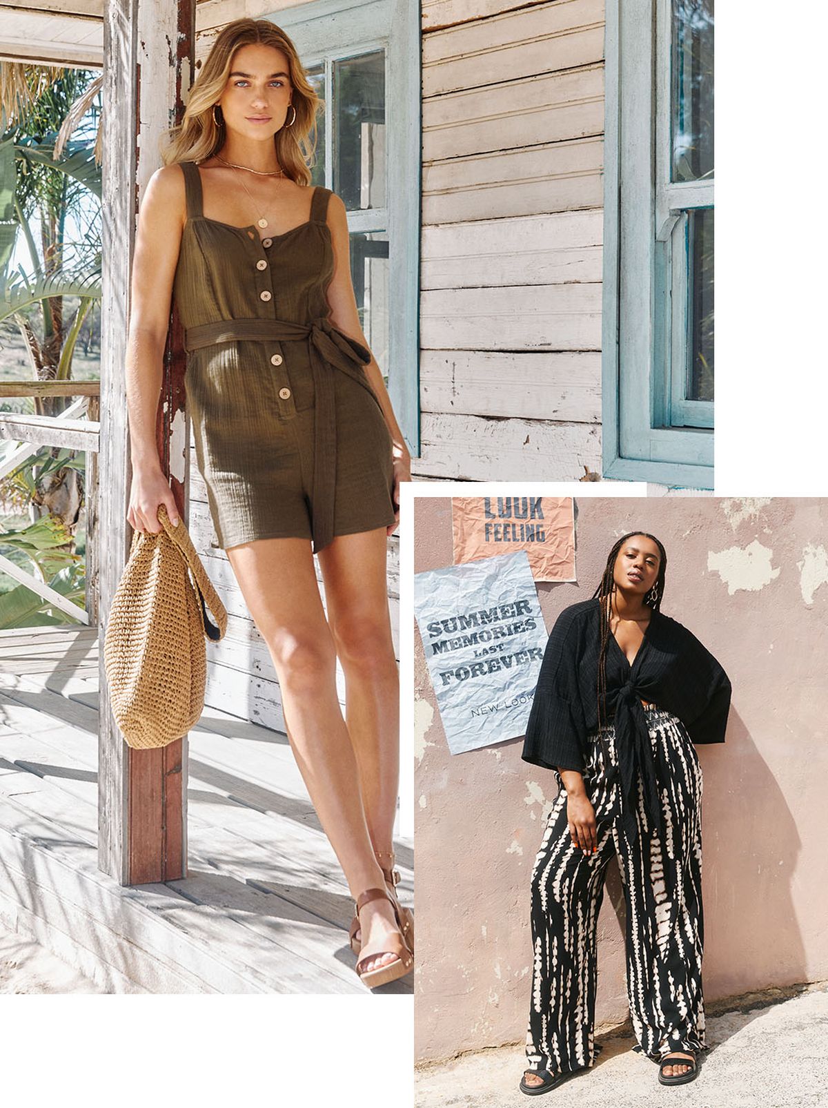 A model leans on a column of a beach hut outside, looking at the camera while wearing a brown short jumpsuit