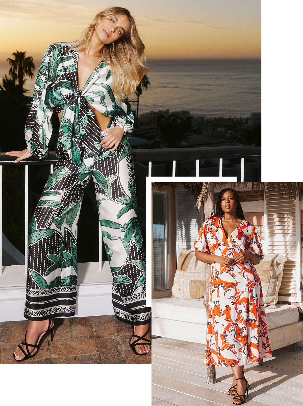 A model stands in front of a cream beach house, they are looking directly at the camera while wearing a white and red patterned dress and a pair of heeled sandals​