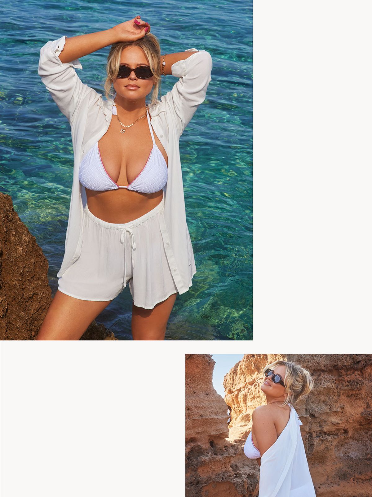 Emily Atack stands on a rock in front of the sea while wearing a white bikini top and a matching off white shirt and pair of shorts​