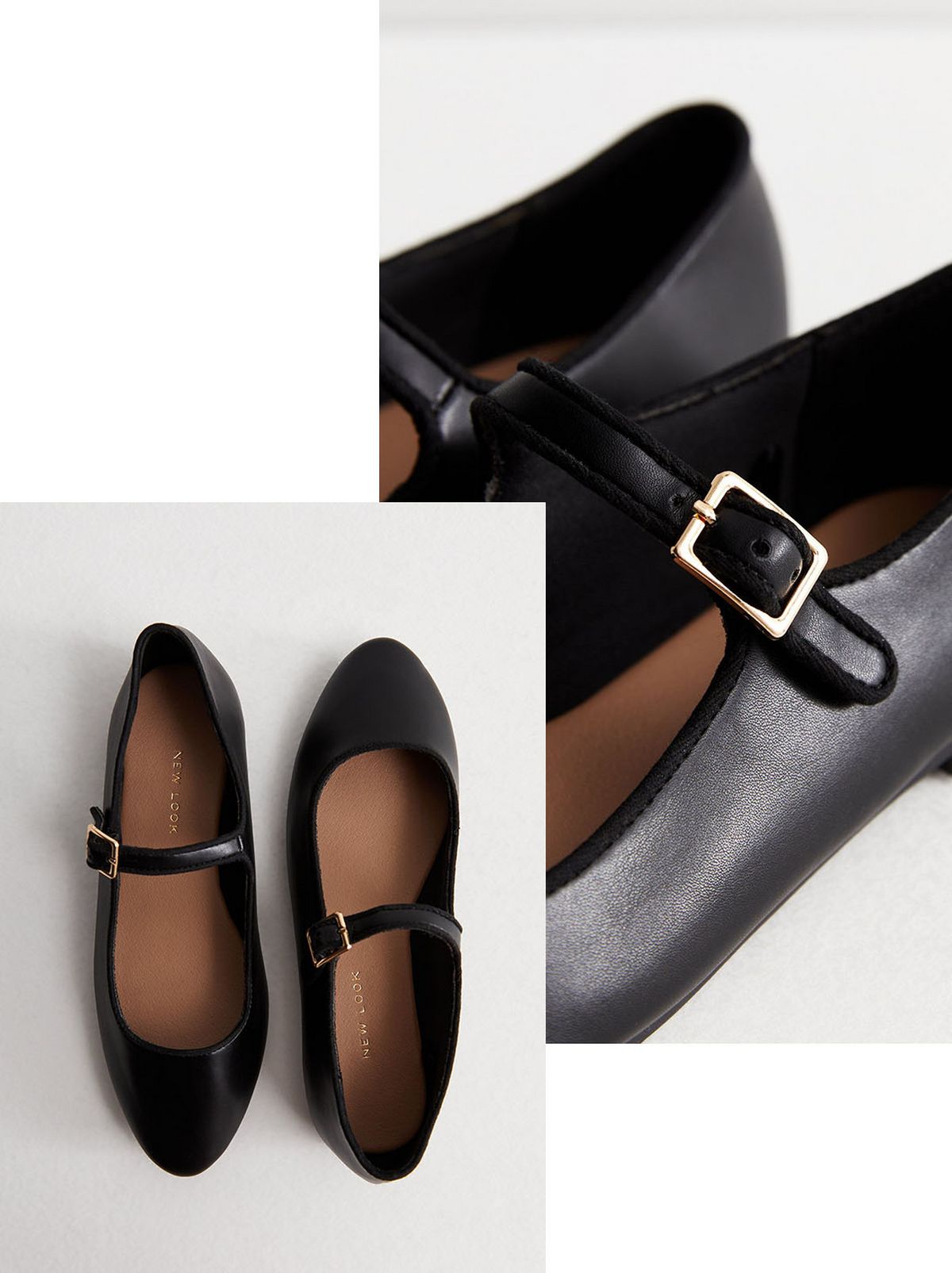 Black Leather Strappy Ballerina Pumps With Gold Buckled