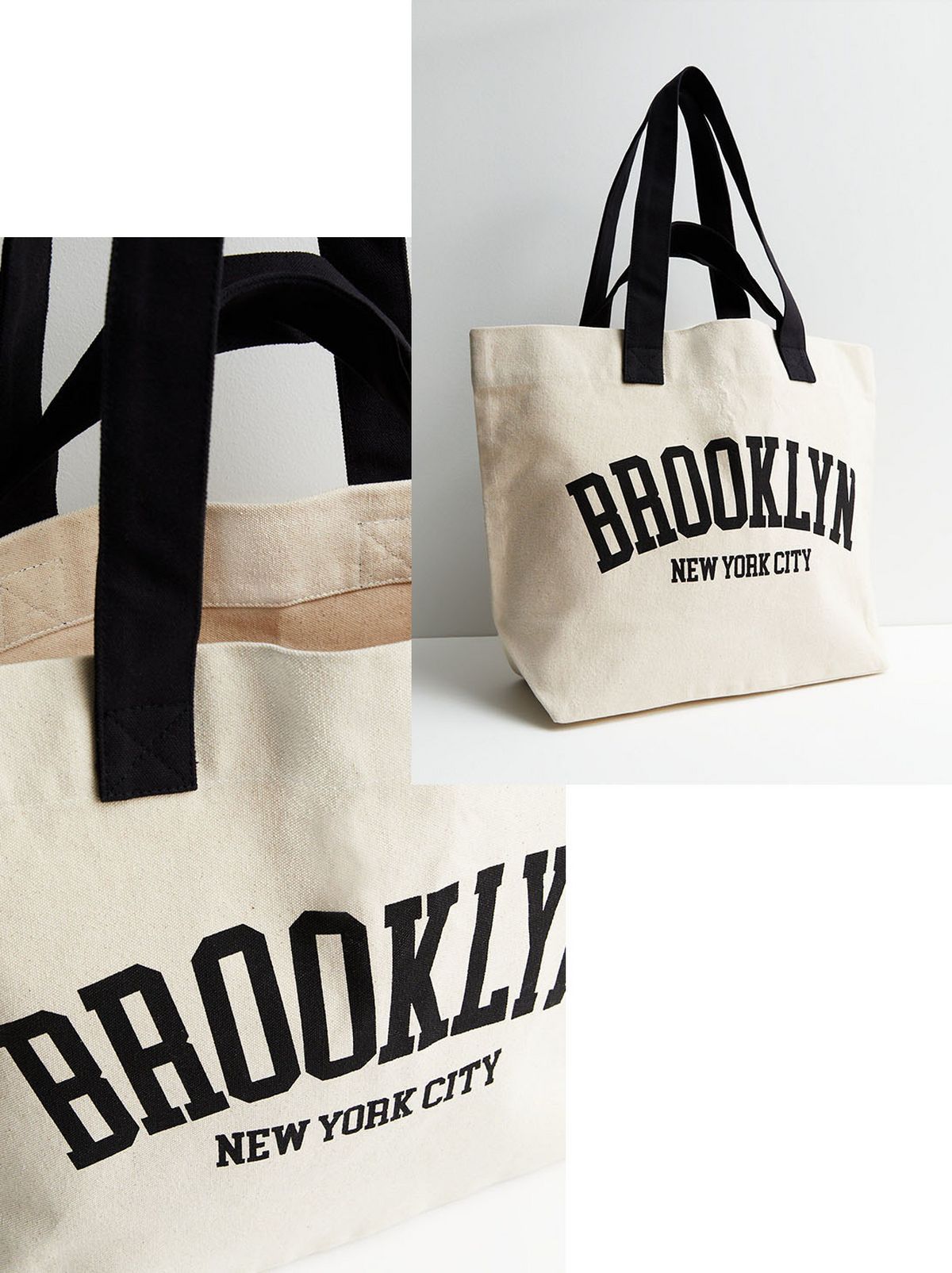Cream Brooklyn Logo Large Canvas Tote Bag With Black Straps