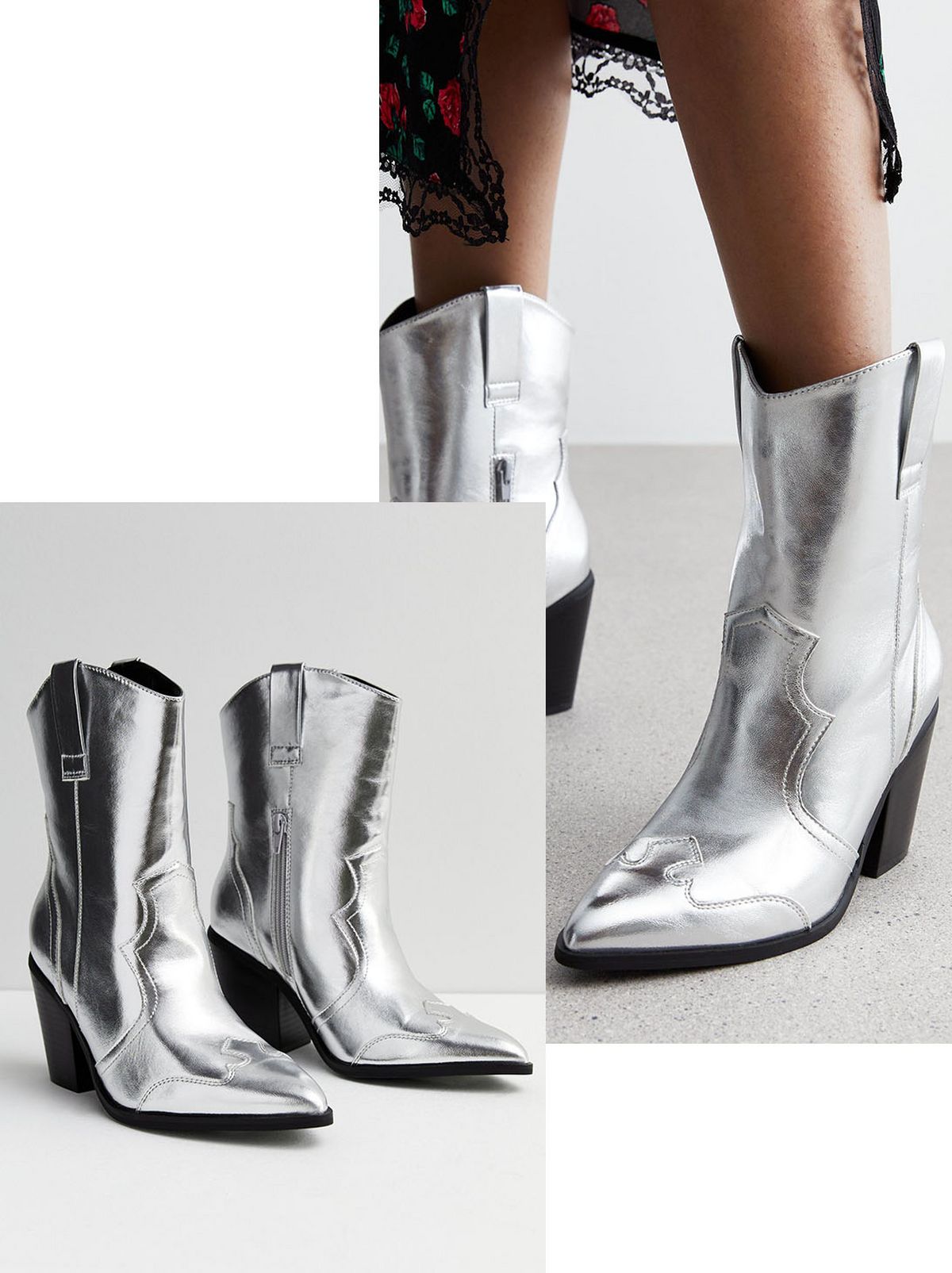 Silver Shiny Faux Leather Block Heel Cowboy Boots