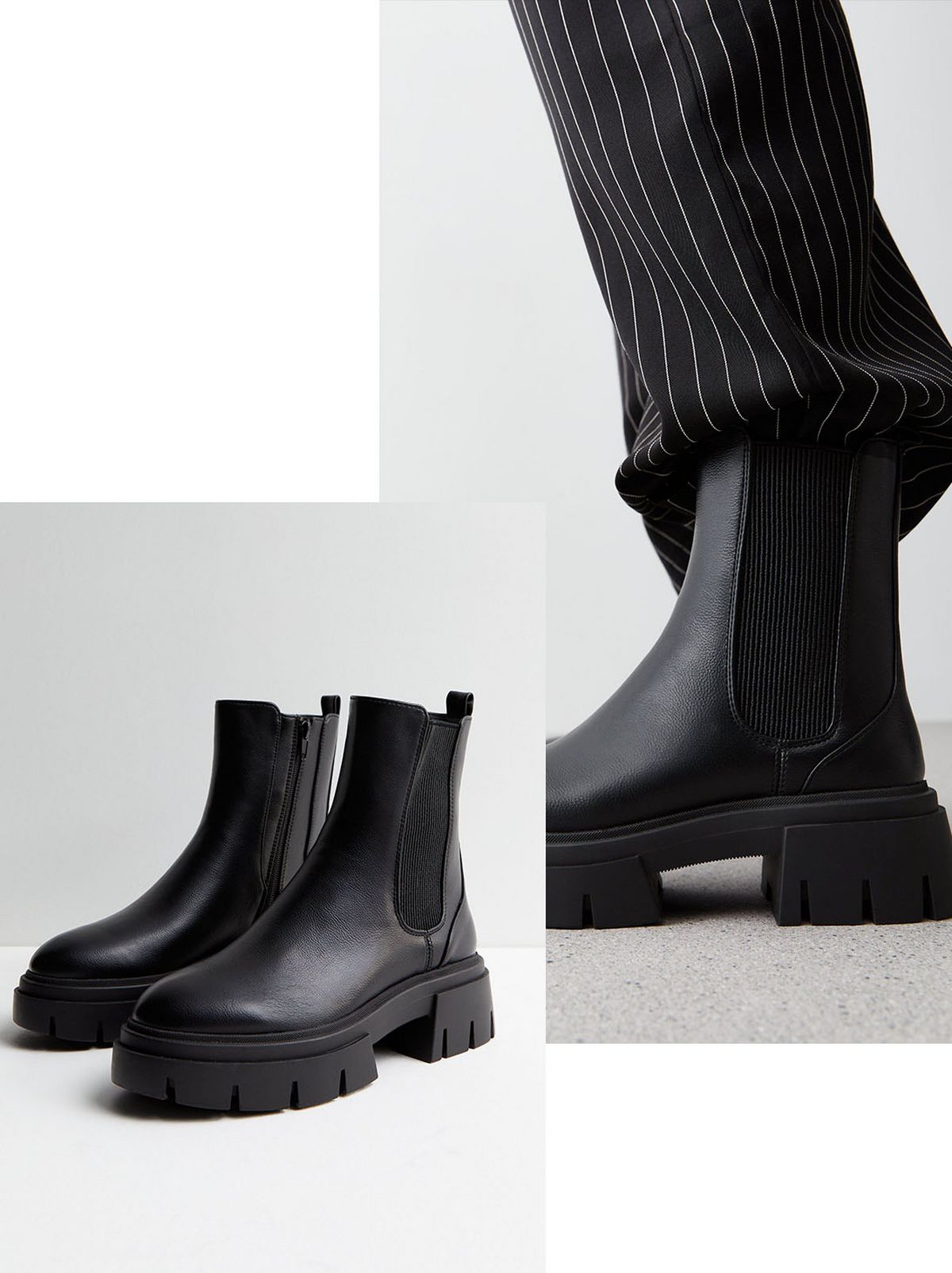 Black Faux Leather Chunky Cleated Sole Chelsea Ankle Boots​