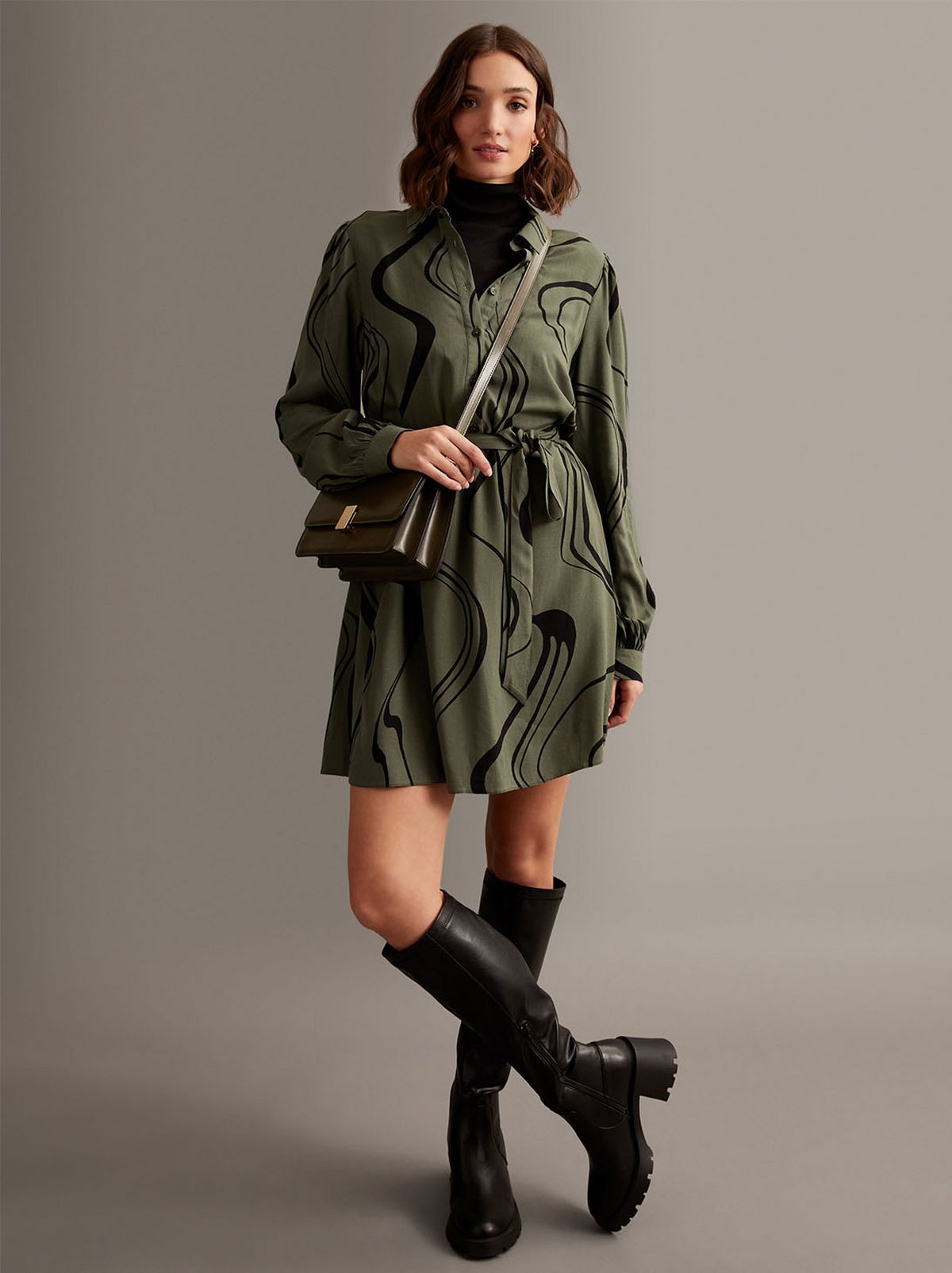 Green Swirl Tie Waist Mini Shirt Dress​