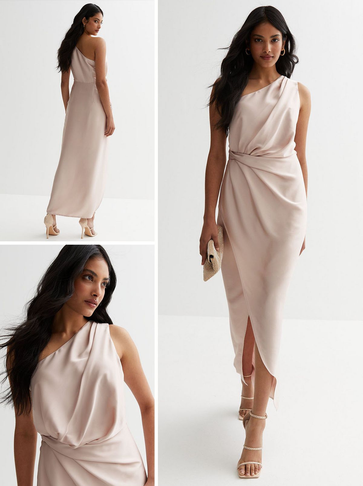 Pink satin one shoulder maxi dress
