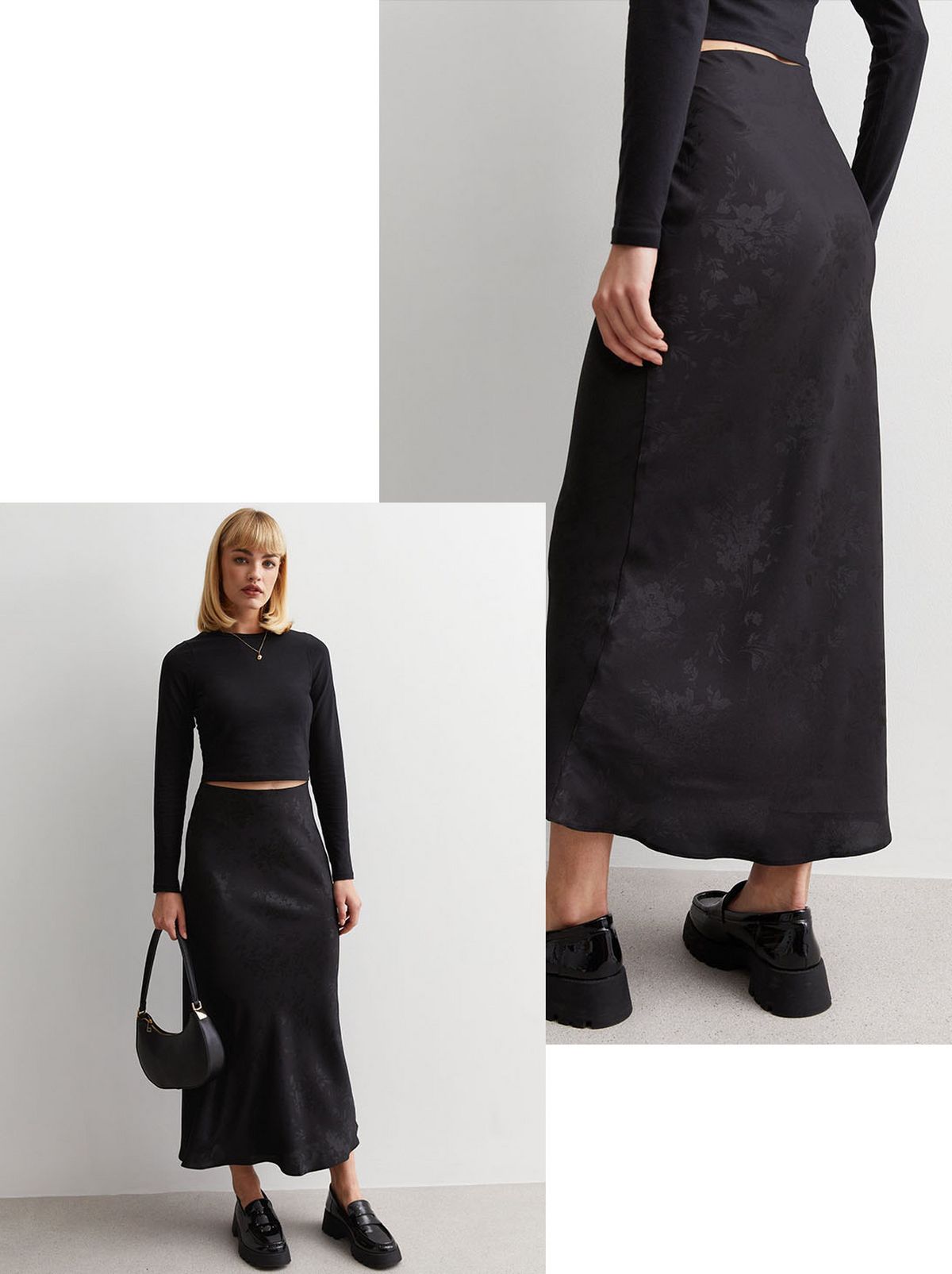 Black Floral Satin Midaxi Skirt