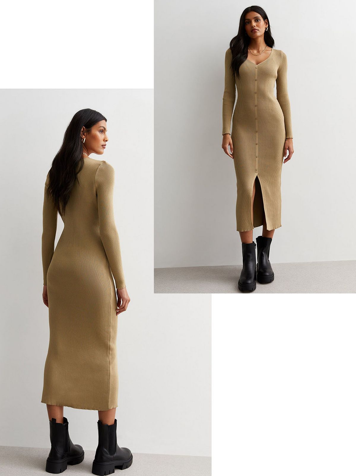 Camel Long Sleeve Ribbed Knit Button Front Midaxi Dress​