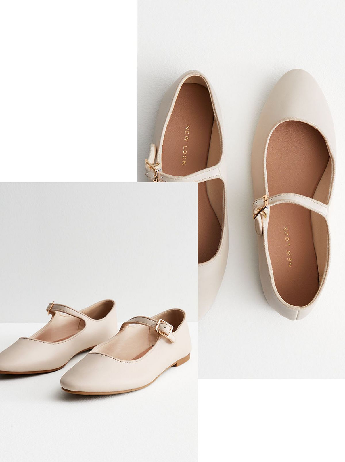 Off White Leather Look Strappy Ballerina Pumps​