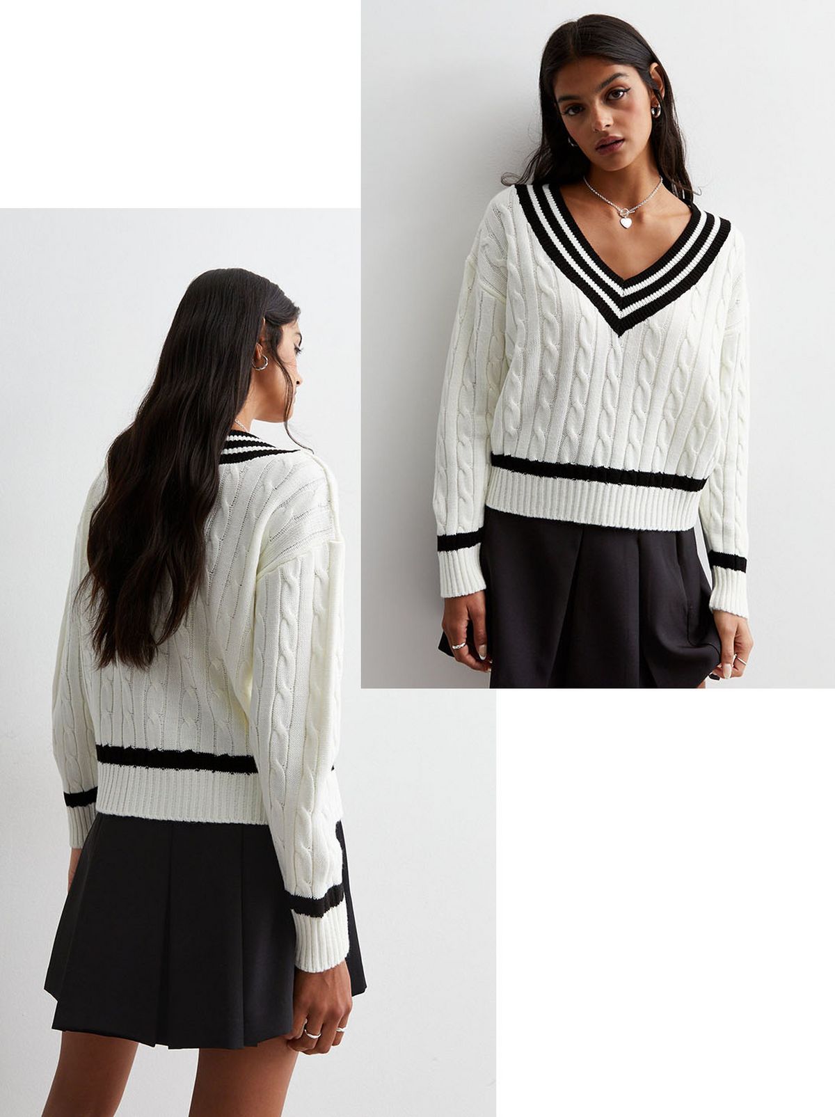 White And Black Cable Knit V Neck Varsity Sweater​