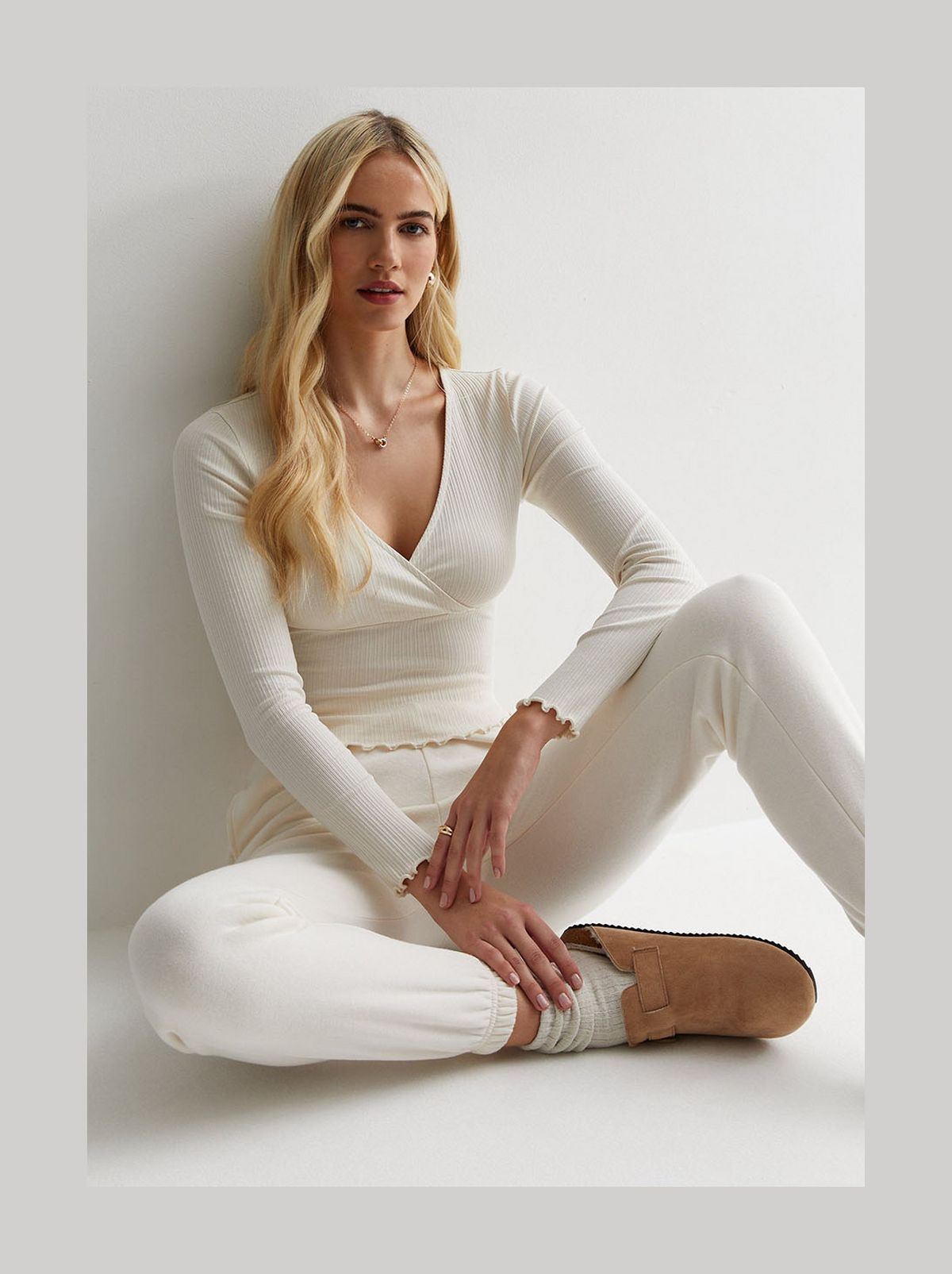 Cream Ribbed Long Sleeve Wrap Top​