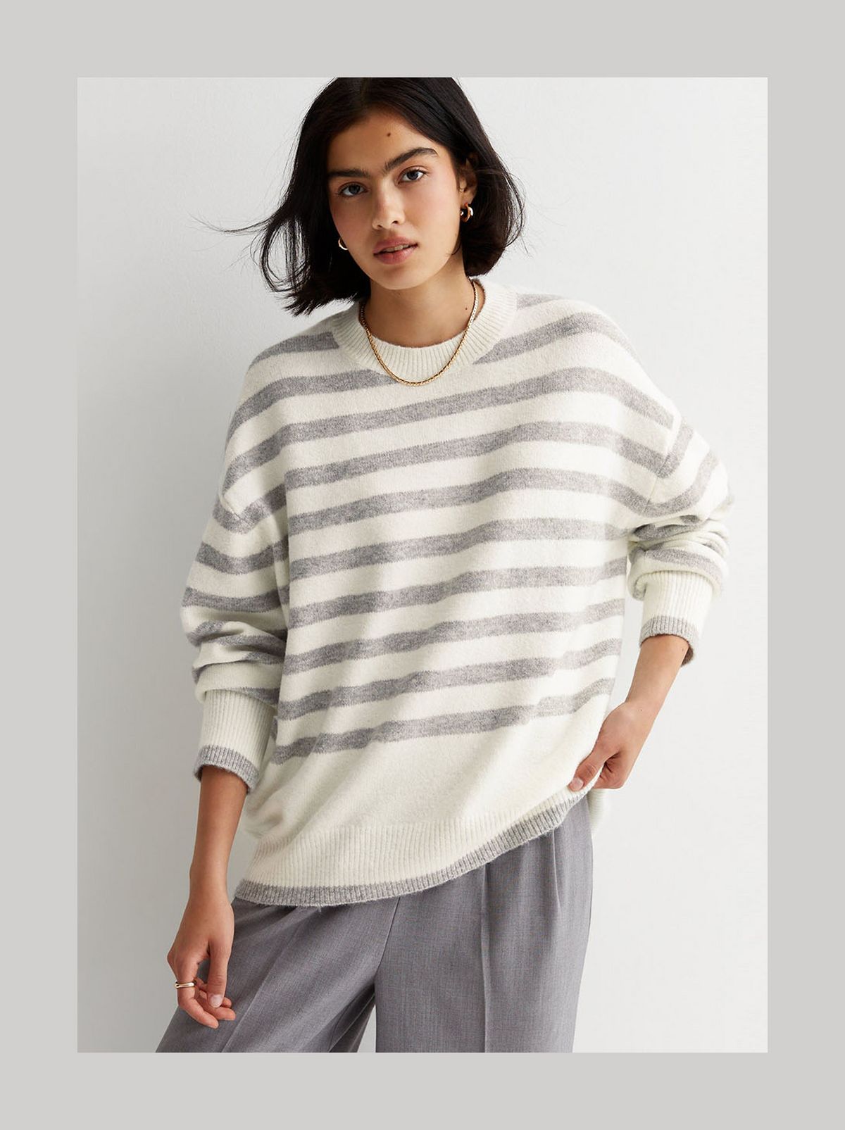 Stiped Light Grey Knit Oversized Jumper​