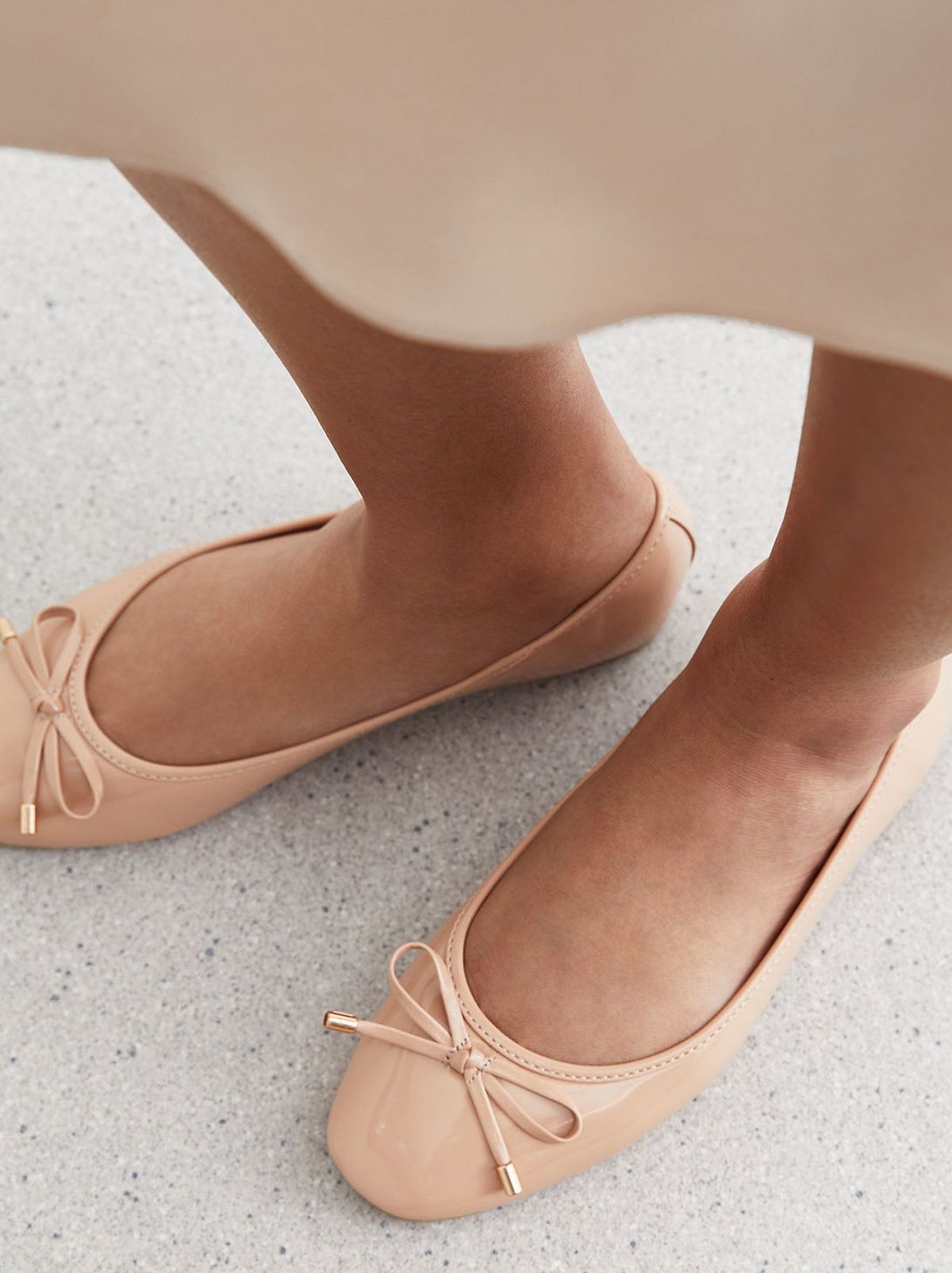 Pale Pink Patent Square Toe Bow Ballerina Pumps