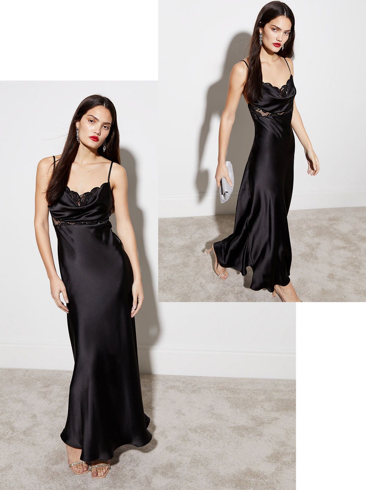 Black Satin Cowl Neck Lace Insert Maxi Dress​