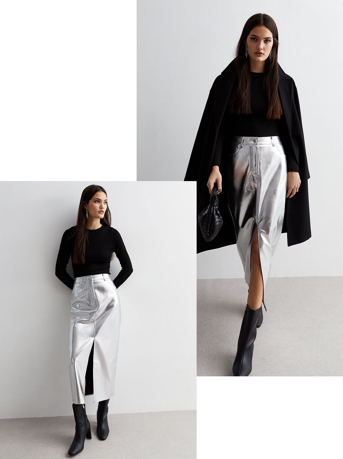 Silver Shiny Leather Look Midaxi Skirt​