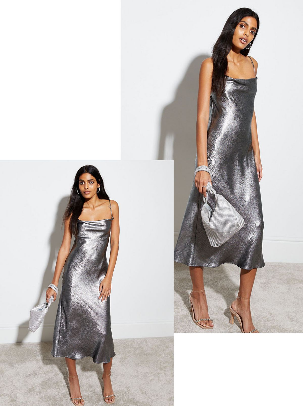 Silver Metallic Cross Back Slip Midaxi Dress​