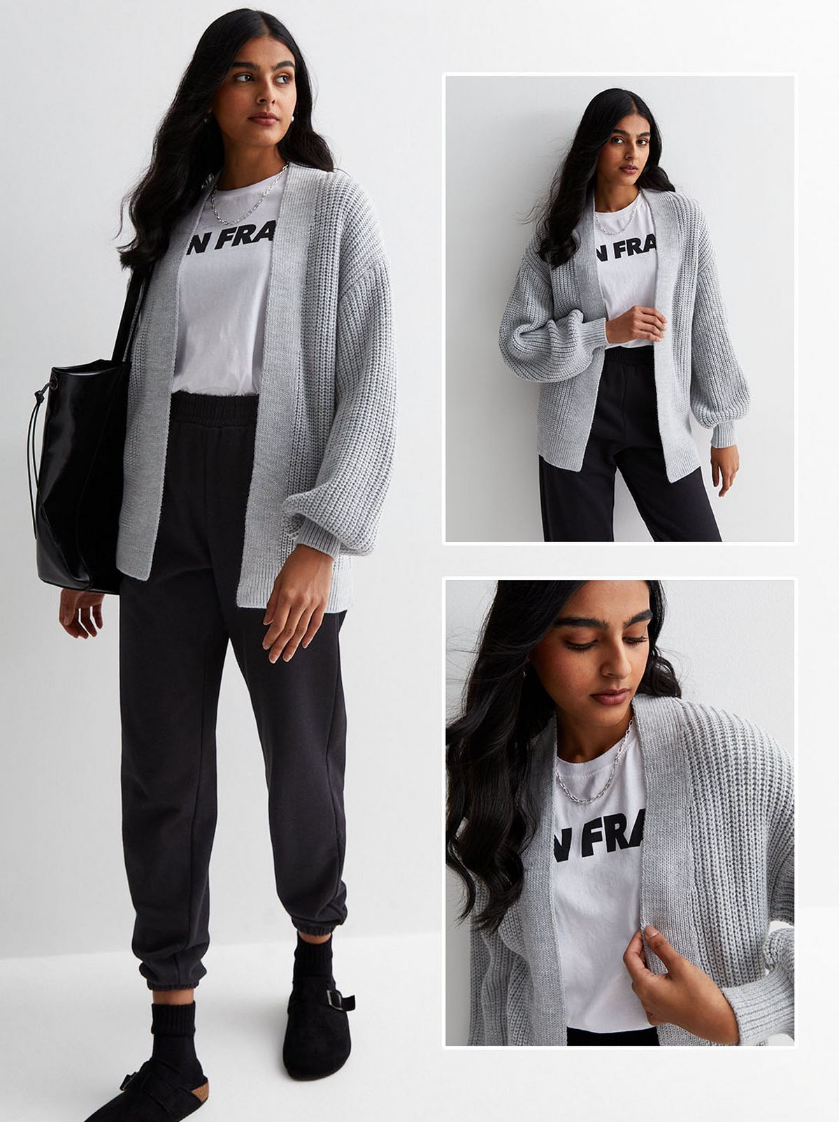 A model wearing a grey cardigan over a T-shirt. Shop now