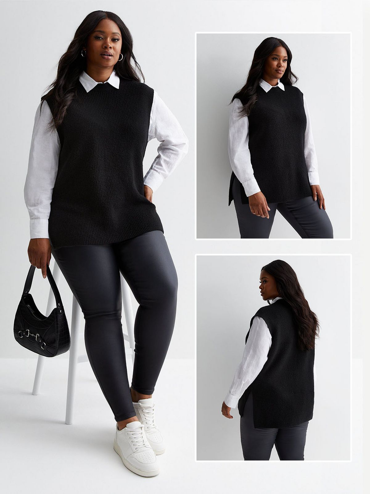 A model wearing a black sweater vest. Shop now