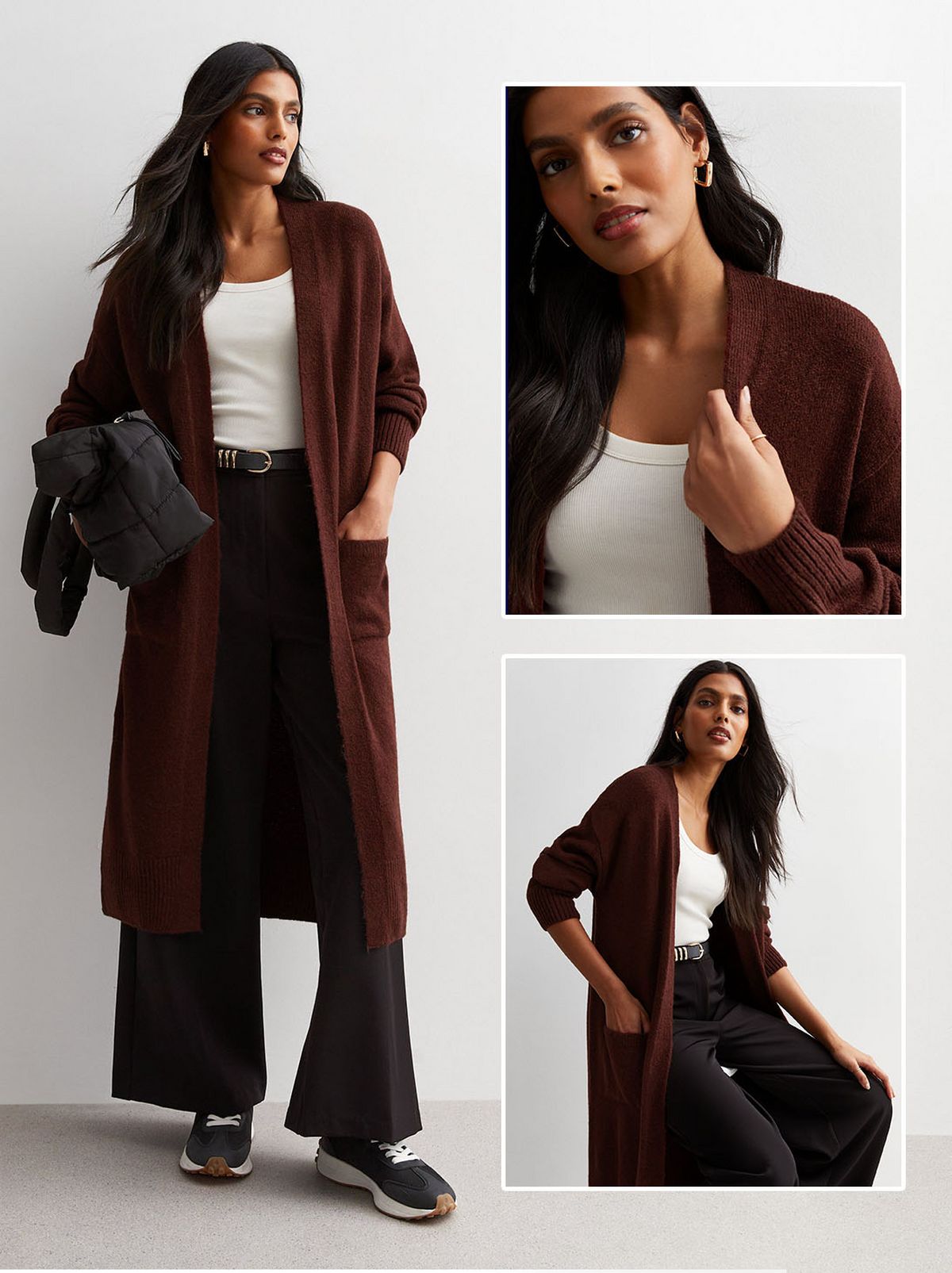 A model wearing a long-line cardigan. Shop now