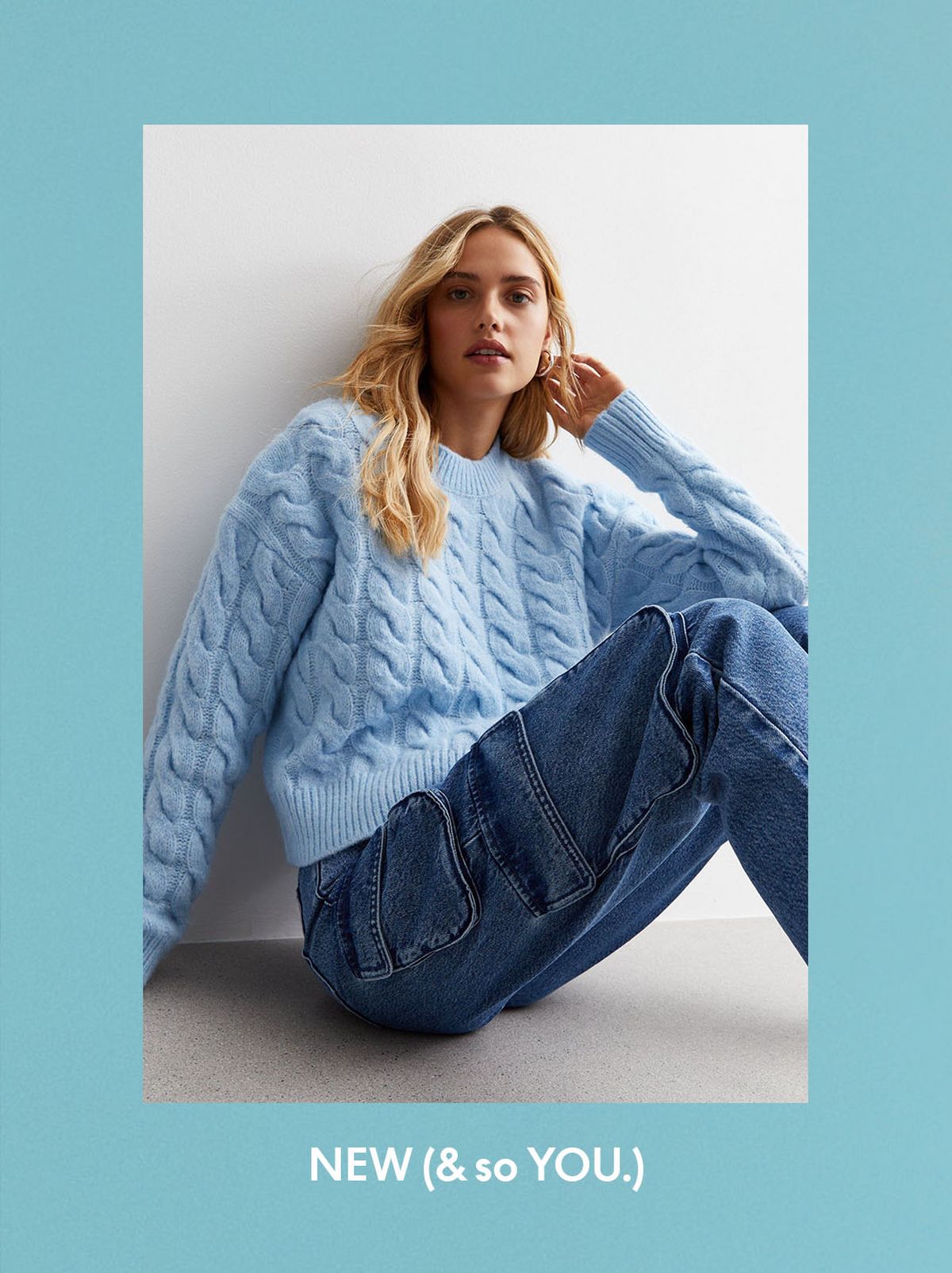 Pale Blue Cable Knit Crew Neck Jumper
