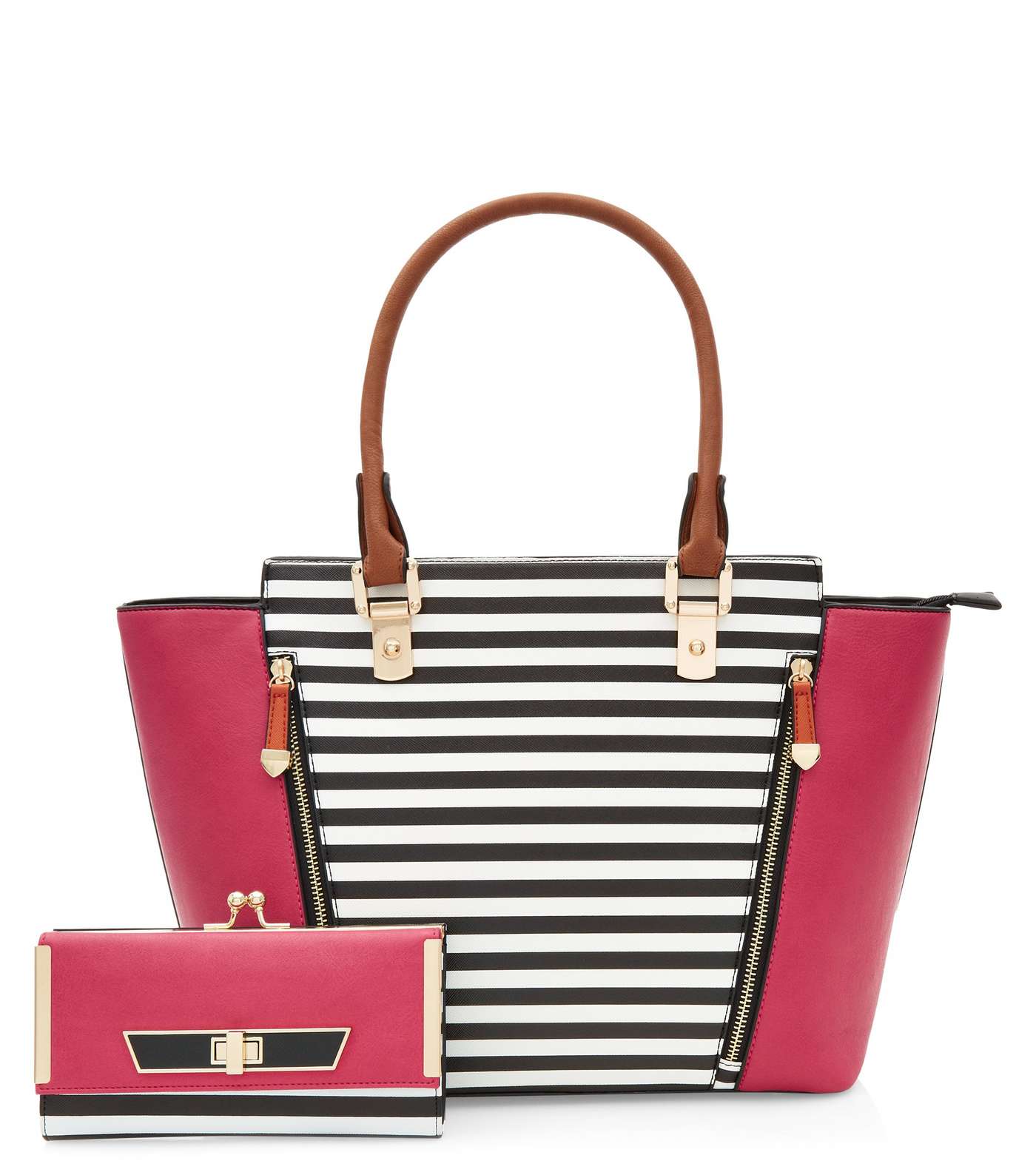 Pink Stripe Print Panel Zip Front Tote Bag Image 5