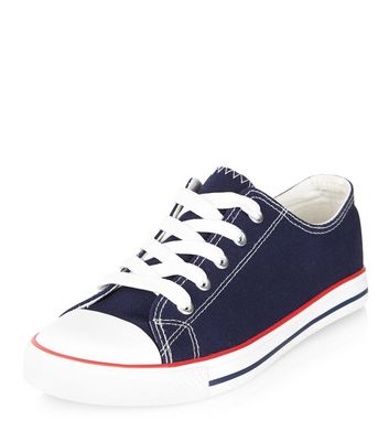 Navy Lace Up Stripe Sole Plimsolls | New Look