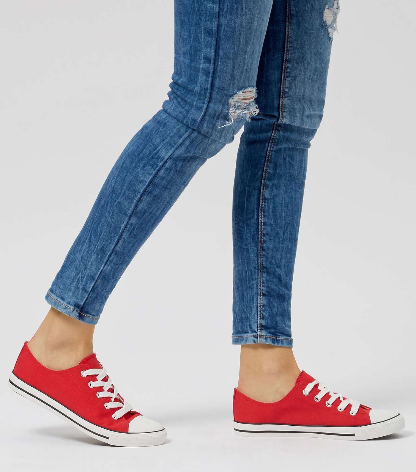 Red Lace Up Striped Sole Plimsolls  Image 5