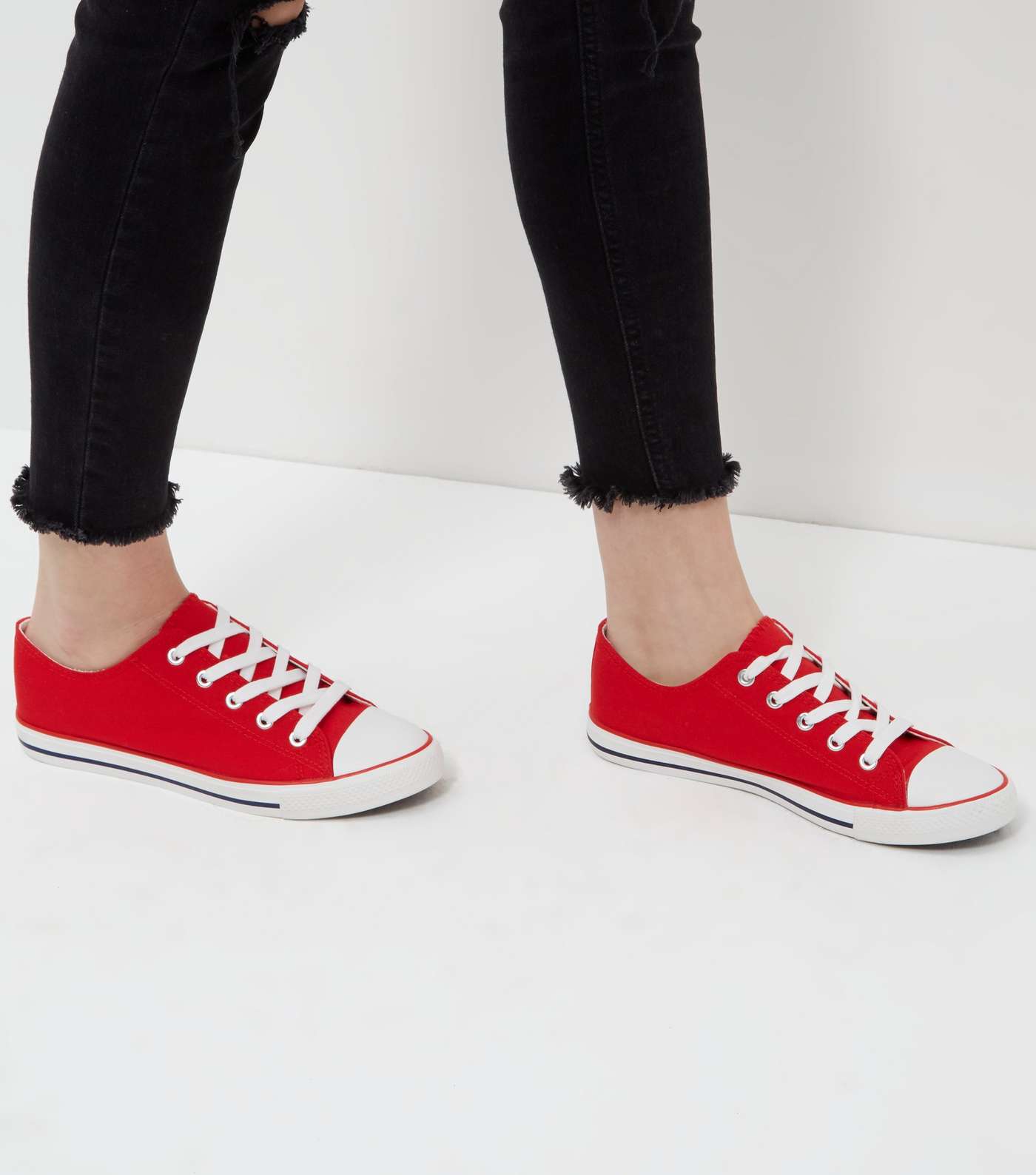 Red Lace Up Striped Sole Plimsolls  Image 5