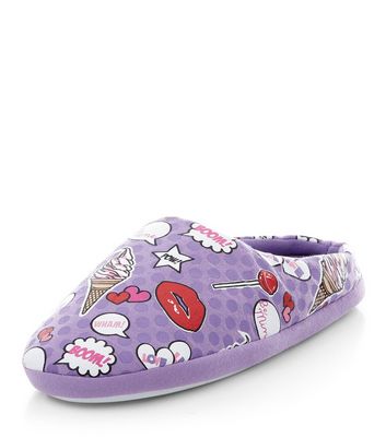 Teens Lilac Pop Art Slippers | New Look