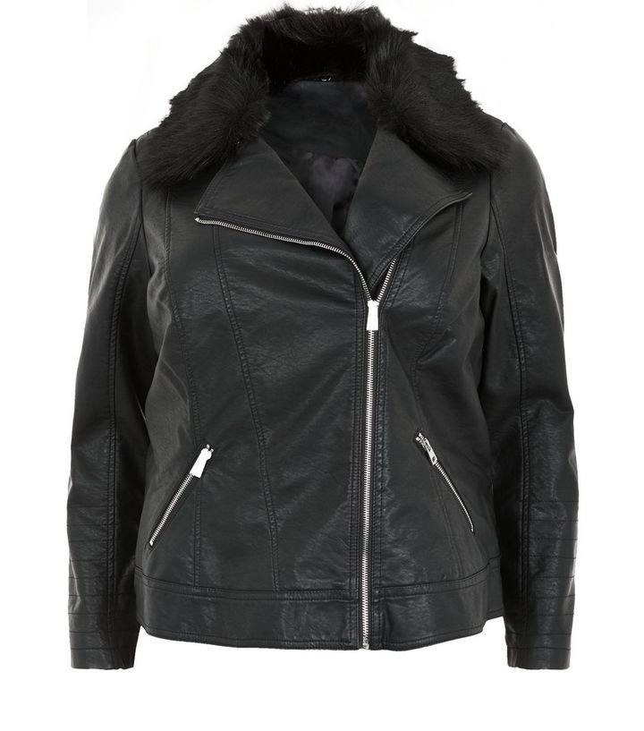 Plus Size Black Faux Fur Collar Biker Jacket Add To Saved Items Remove From