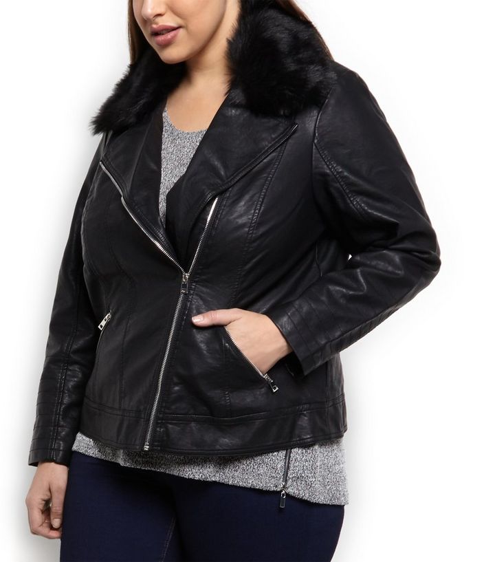 Plus Size Black Faux Fur Collar Biker Jacket New Look The Look