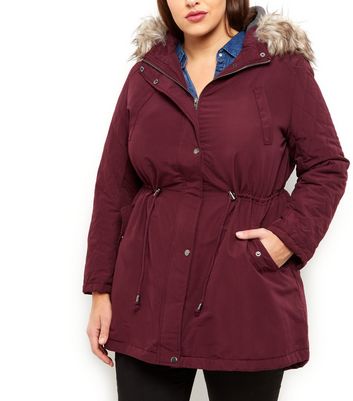 Plus Size Burgundy Faux Fur Hooded Parka New Look