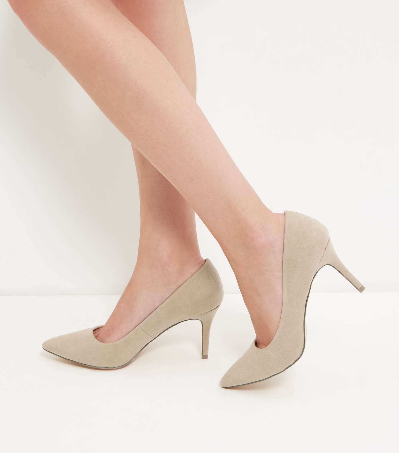 Stone Suedette Mid Heel Pointed Court Shoes