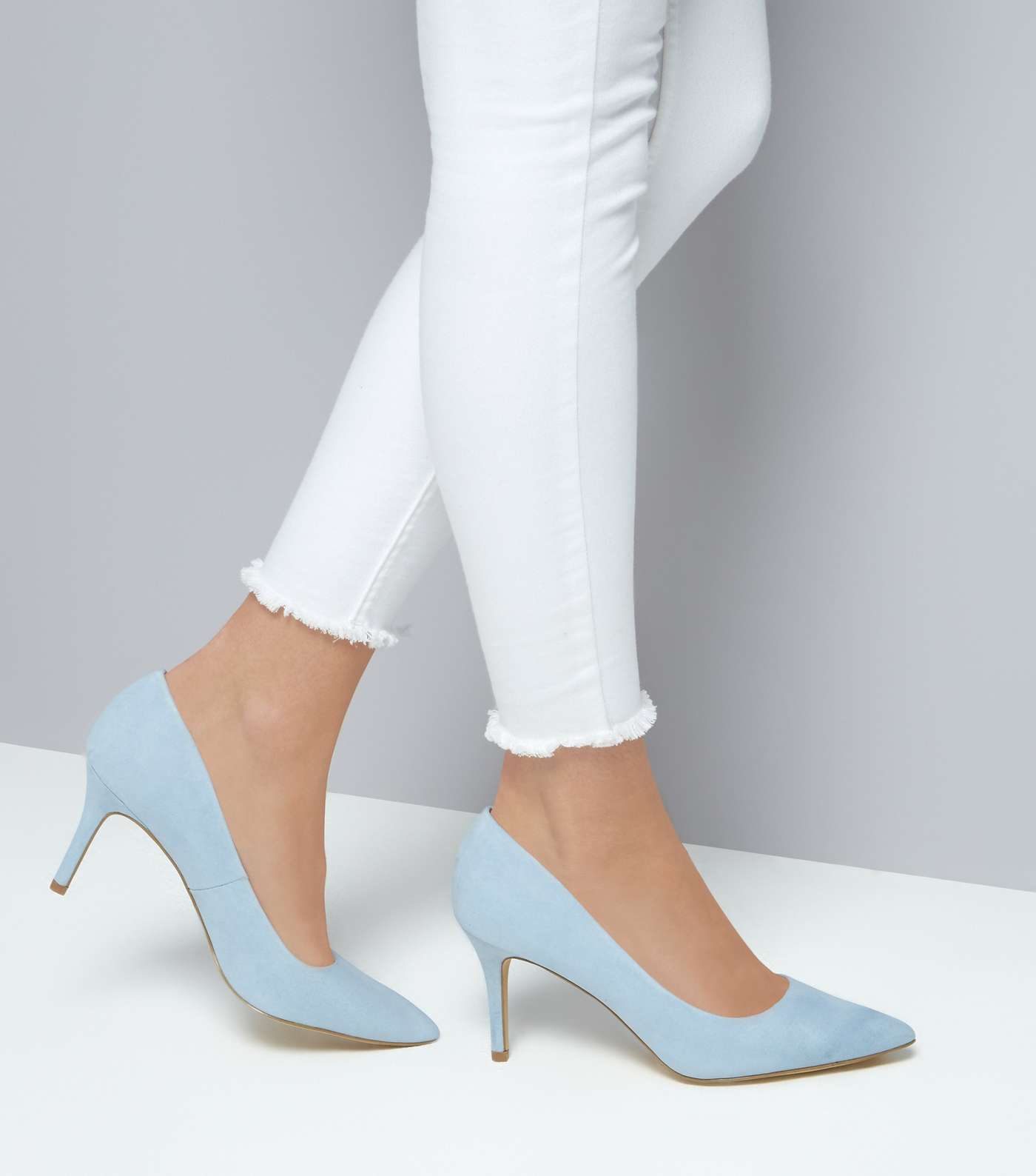 Pale Blue Suedette Mid Heel Pointed Court Shoes Image 3